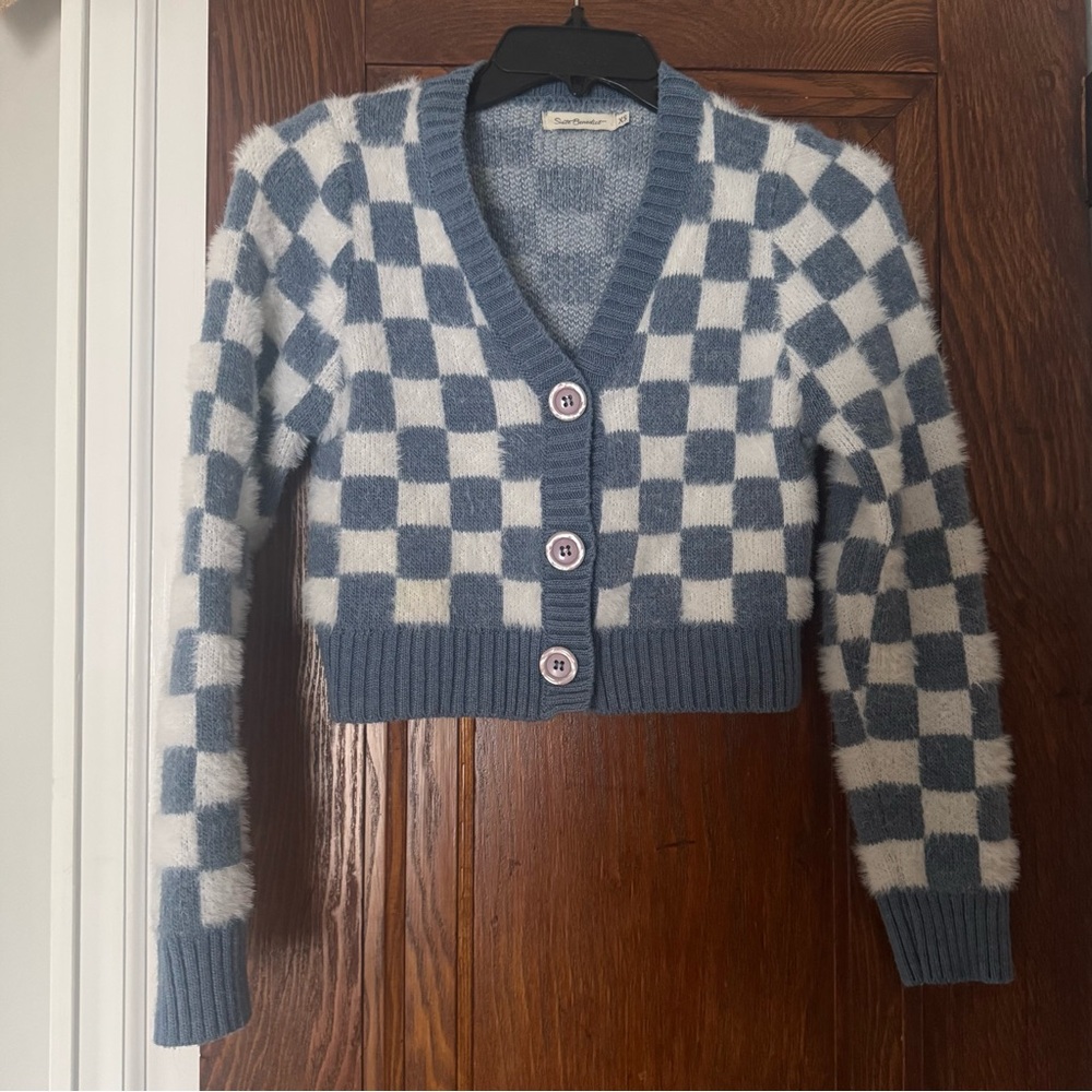 Suite Benedict Checker Button Up Cardigan Sweater Blue White size XS